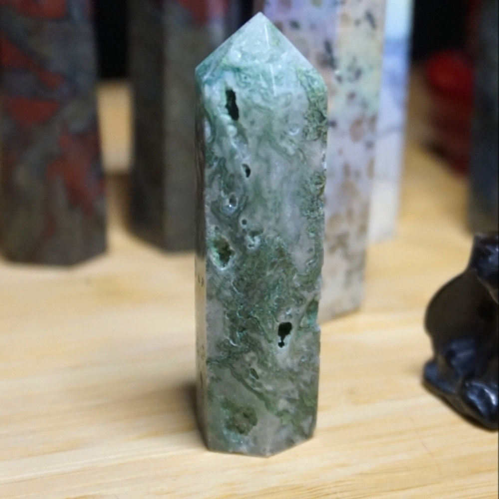 Moss Agate Crystal Point Tower